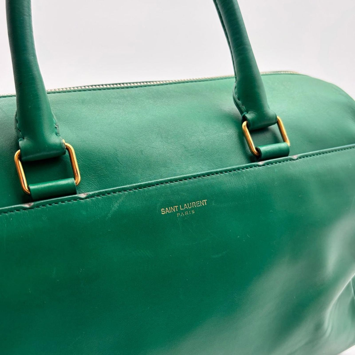 Saint Laurent Green Leather Duffle Top Handle Gold Hardware