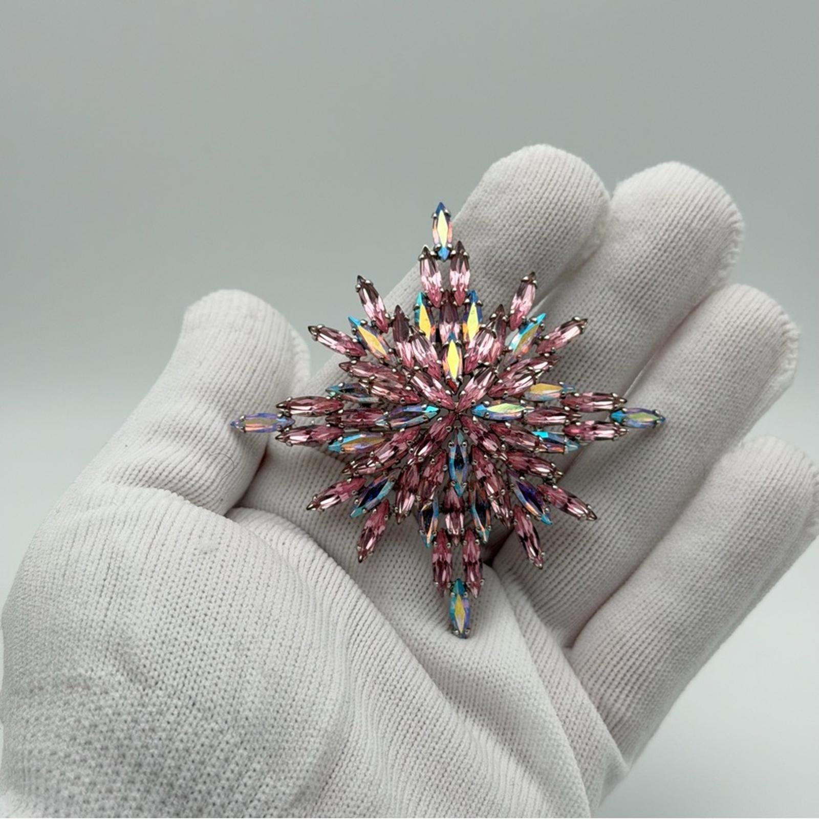 Vintage Sherman Signed Pink Aurora Borealis Starburst Brooch