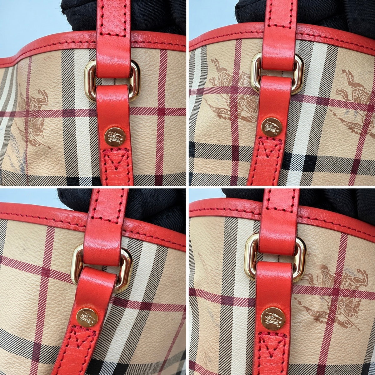 Burberry Haymarket Check Large Shopper Tote with Red Leather Trim