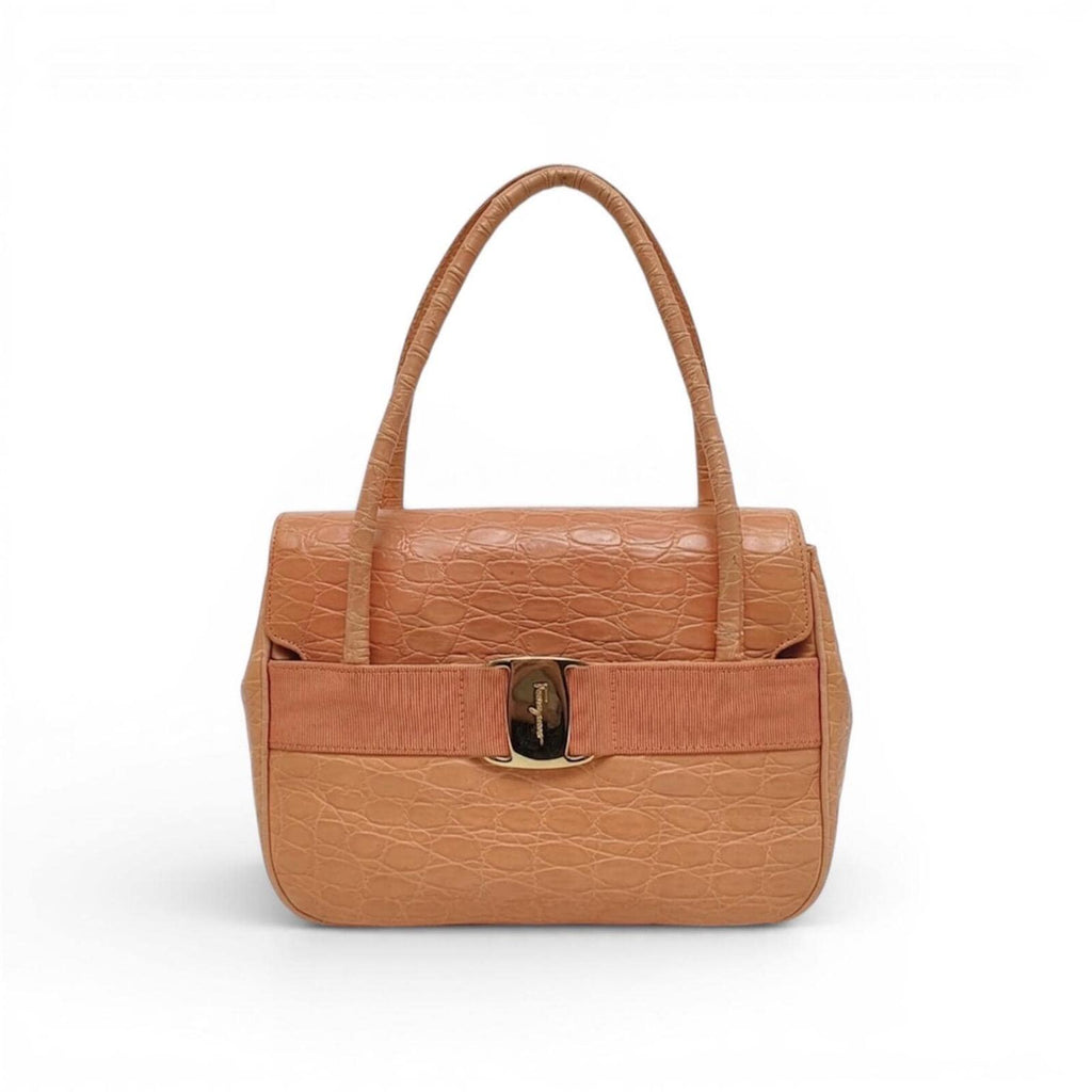 Salvatore Ferragamo Vintage Croc Embossed Leather Shoulder Bag Orange Gancini