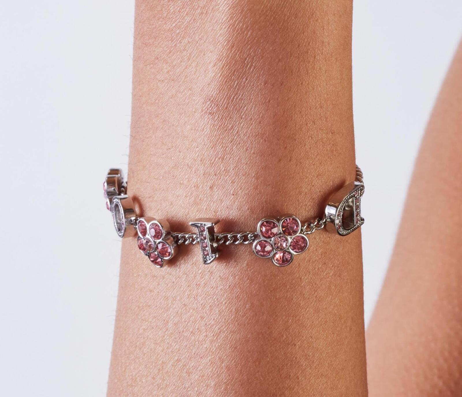 Dior Pink Crystal Floral Logo Charm Chain Bracelet – Petriavintage