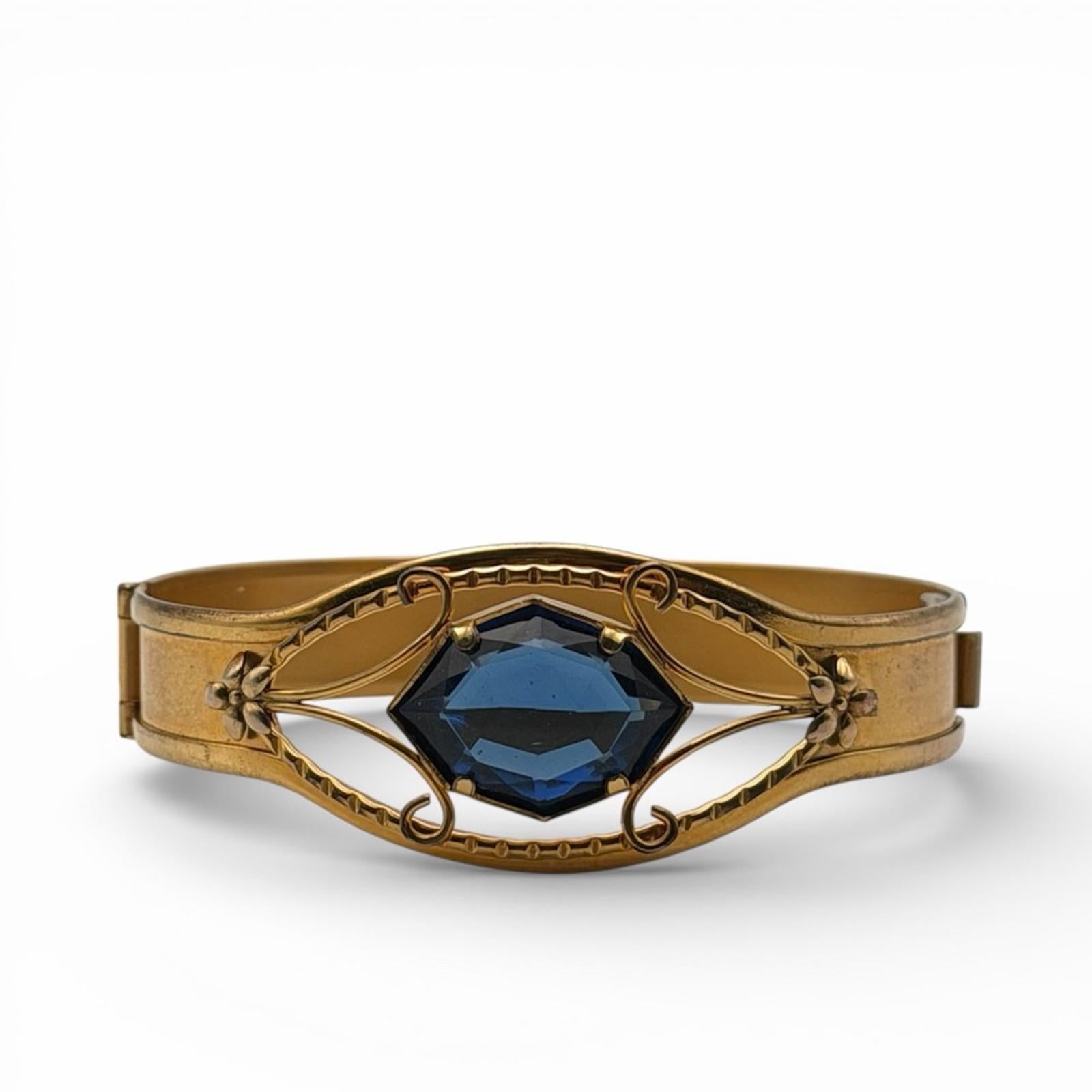 Vintage Gold Tone Statement Bangle – Faceted Blue Stone