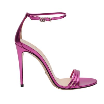 GUCCI SATIN METALLIC LEATHER SANDAL HEELS FUCHSIA