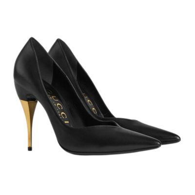 GUCCI BLACK NAPPA CALFSKIN CHARLOTTE GOLD HEELS