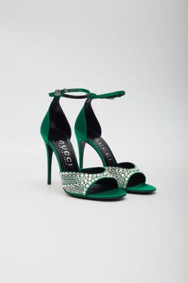 GUCCI CRYSTAL EMBELLISHED SATIN EMERALD 100 HEELS 2