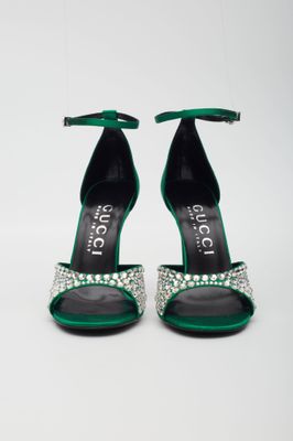 GUCCI CRYSTAL EMBELLISHED SATIN EMERALD 100 HEELS 3