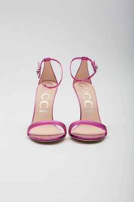 GUCCI SATIN METALLIC LEATHER SANDAL HEELS FUCHSIA 3