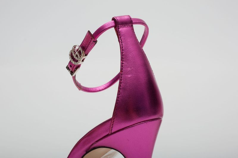 GUCCI SATIN METALLIC LEATHER SANDAL HEELS FUCHSIA 5