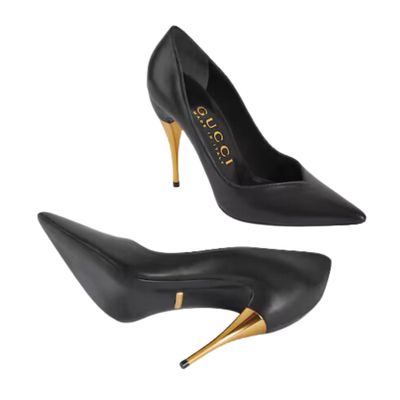 GUCCI BLACK NAPPA CALFSKIN CHARLOTTE GOLD HEELS 3