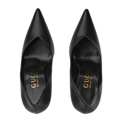 GUCCI BLACK NAPPA CALFSKIN CHARLOTTE GOLD HEELS 5