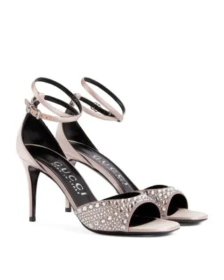 GUCCI CRYSTAL EMBELLISHED SATIN NUDE ROSE HEELS 3