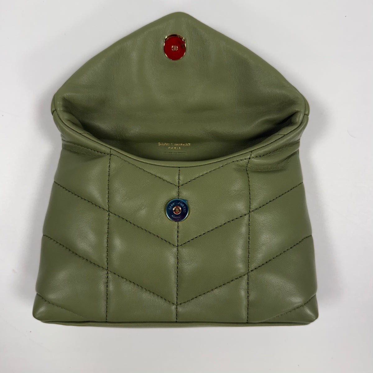 Saint Laurent Loulou Puffer Small Pouch in Olive Green Leather