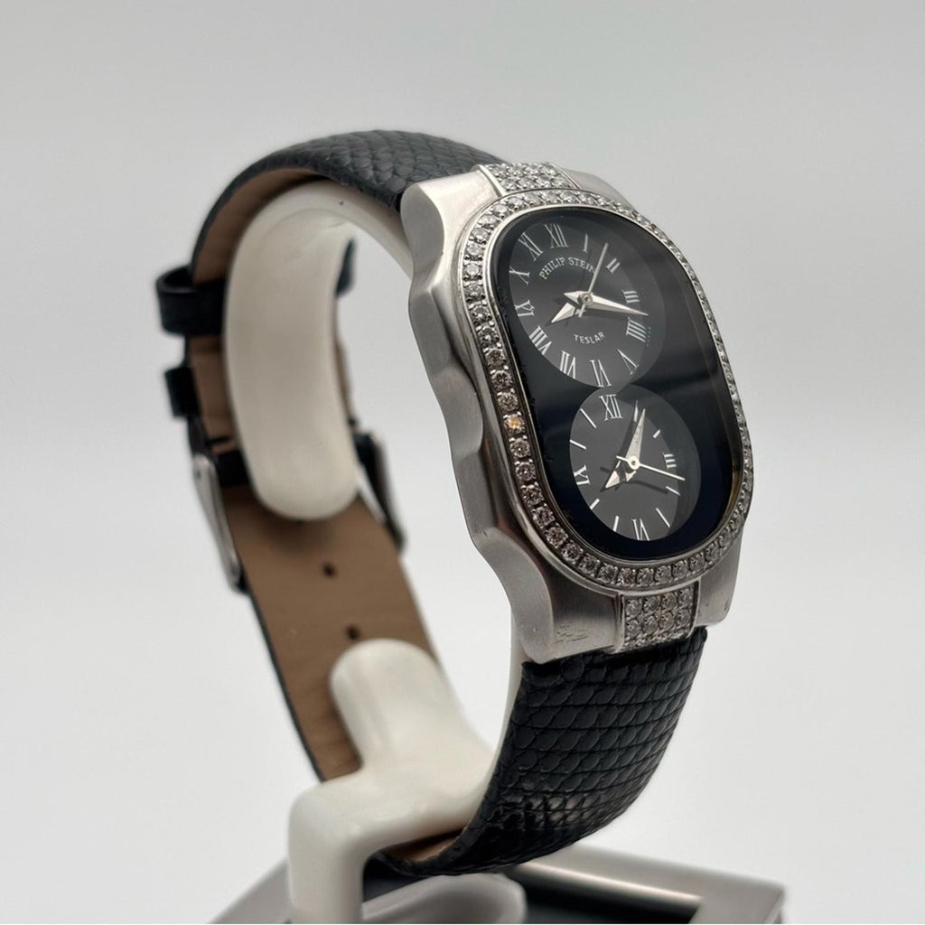 Philip Stein Teslar Dual Time Diamond Bezel Watch 45mm Lizard Strap