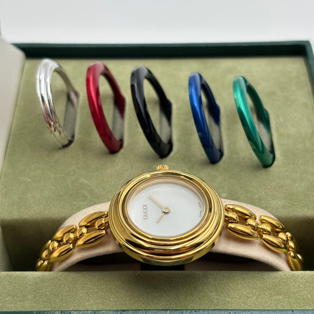 Gucci 11/12.2 Interchangeable Bezel Gold-Plated Watch Set, c. 1990s