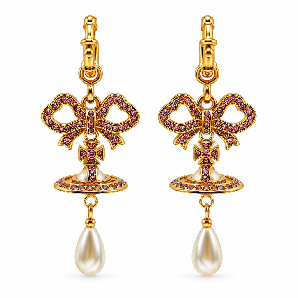 Vivienne Westwood Rigoberta Pearl Bow Orb Drop Earrings – Gold / Pink