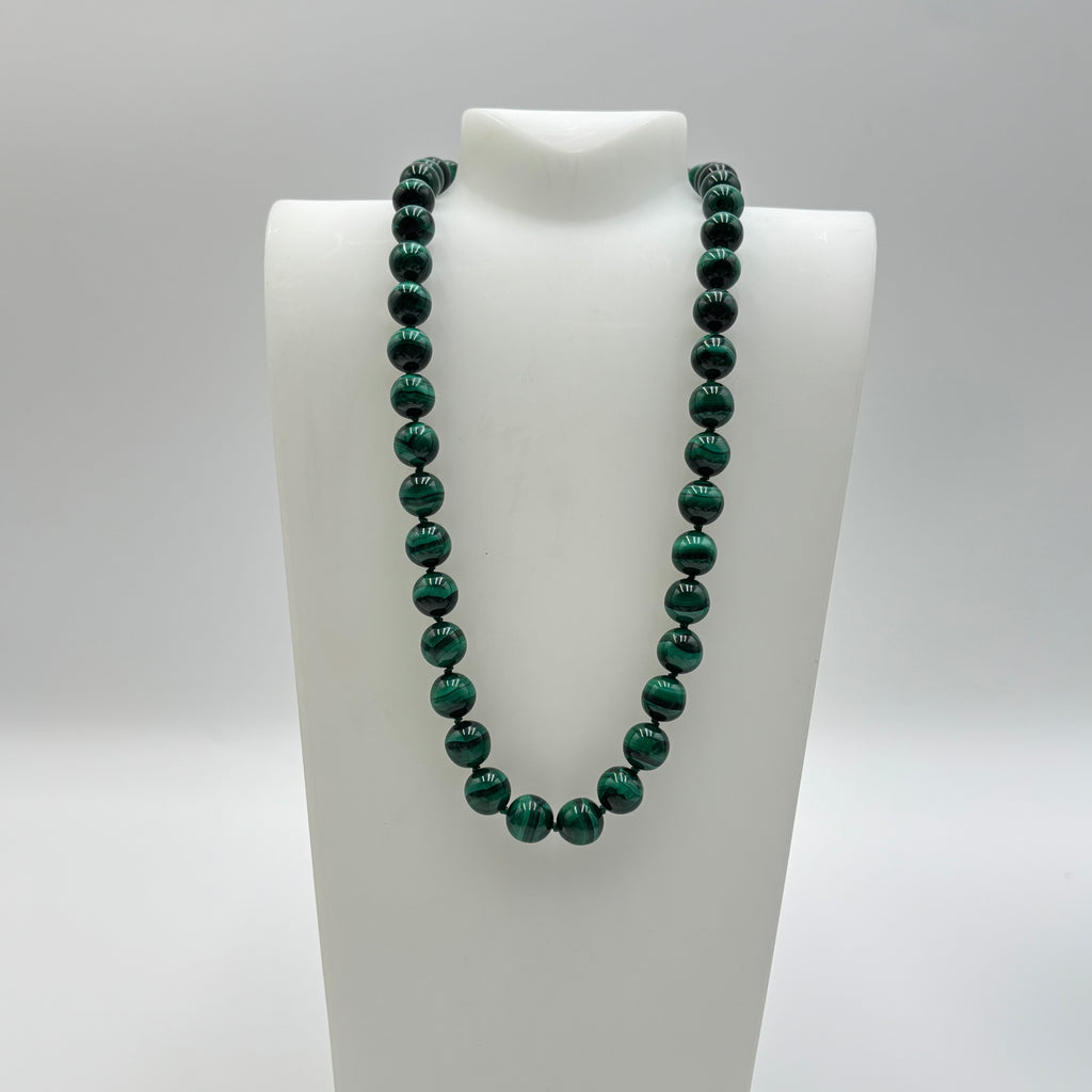 Vintage Natural Malachite Beaded Necklace with 14K Gold-Filled Filigree Clasp