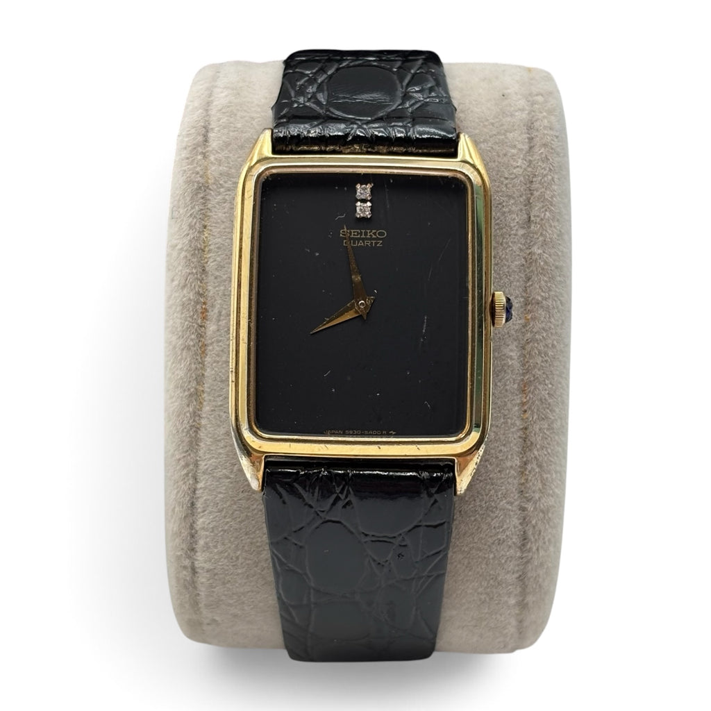 Seiko Quartz 5930-5400 Black Dial Gold Tone Watch | 2 Diamond Markers