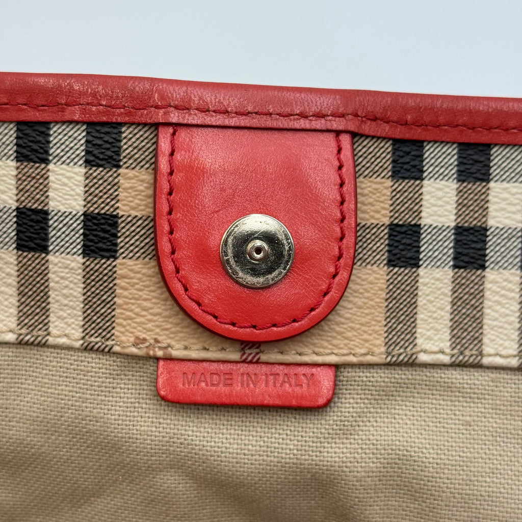 Burberry Haymarket Check Large Shopper Tote with Red Leather Trim