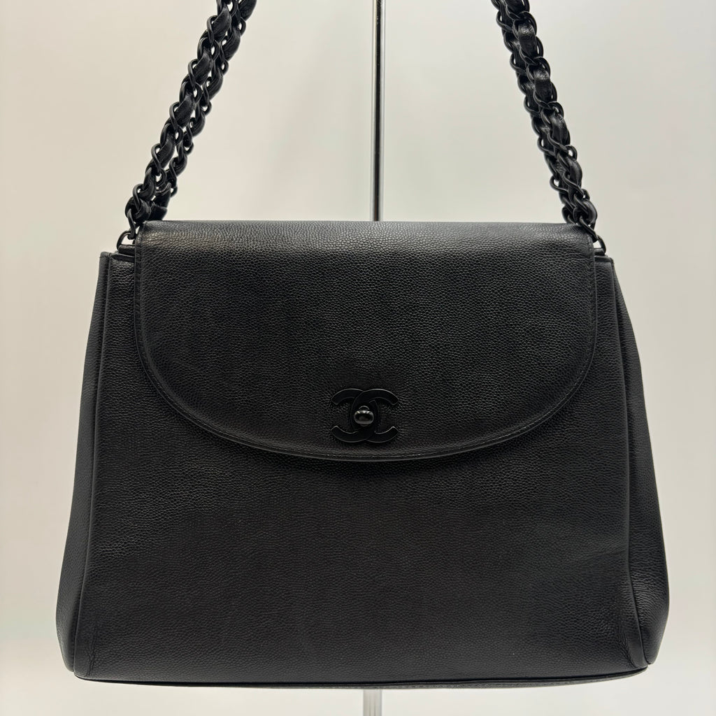 Chanel Black Caviar Leather Monochrome CC Chain Shoulder Bag 1990s