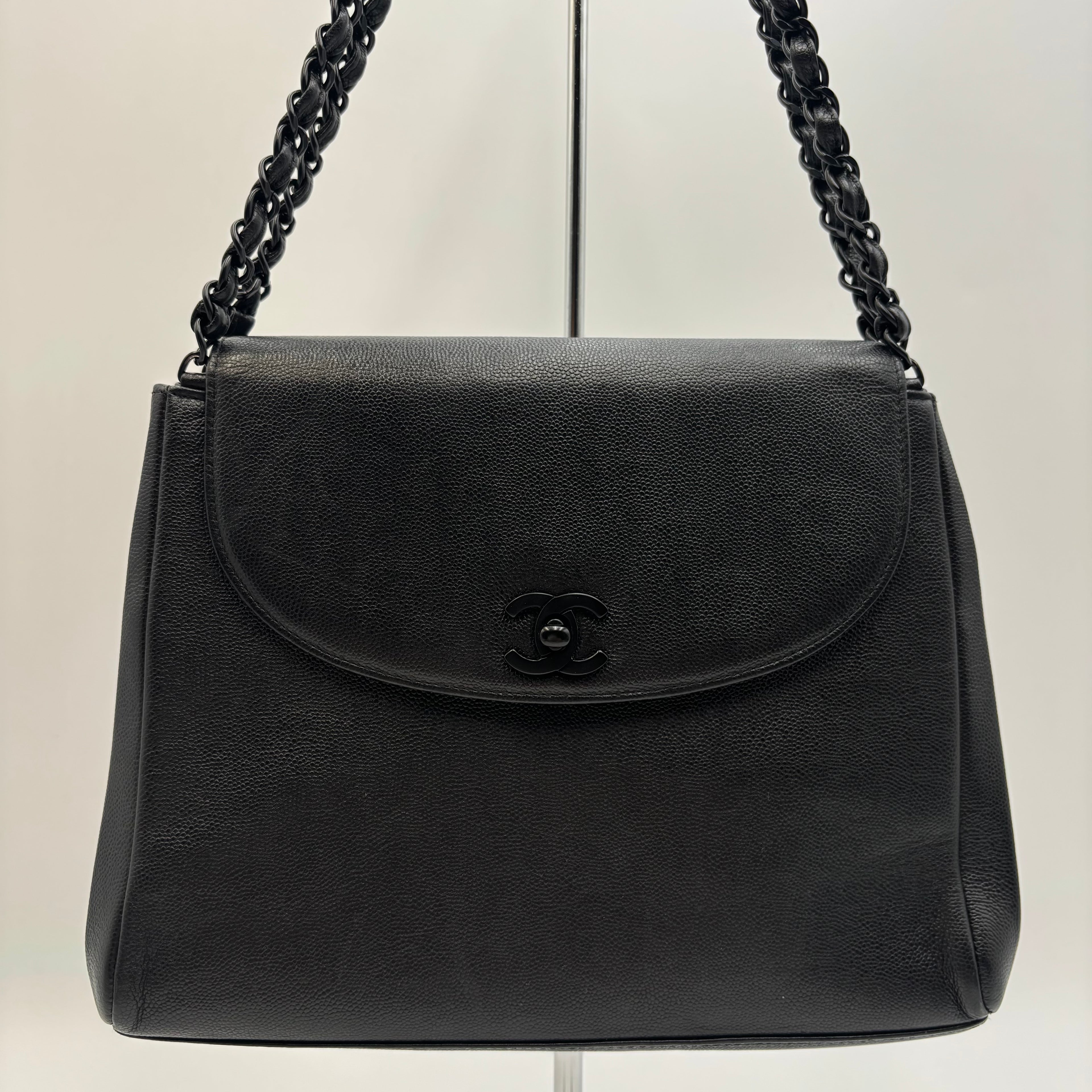 Chanel Black Caviar Leather Monochrome CC Chain Shoulder Bag 1990s