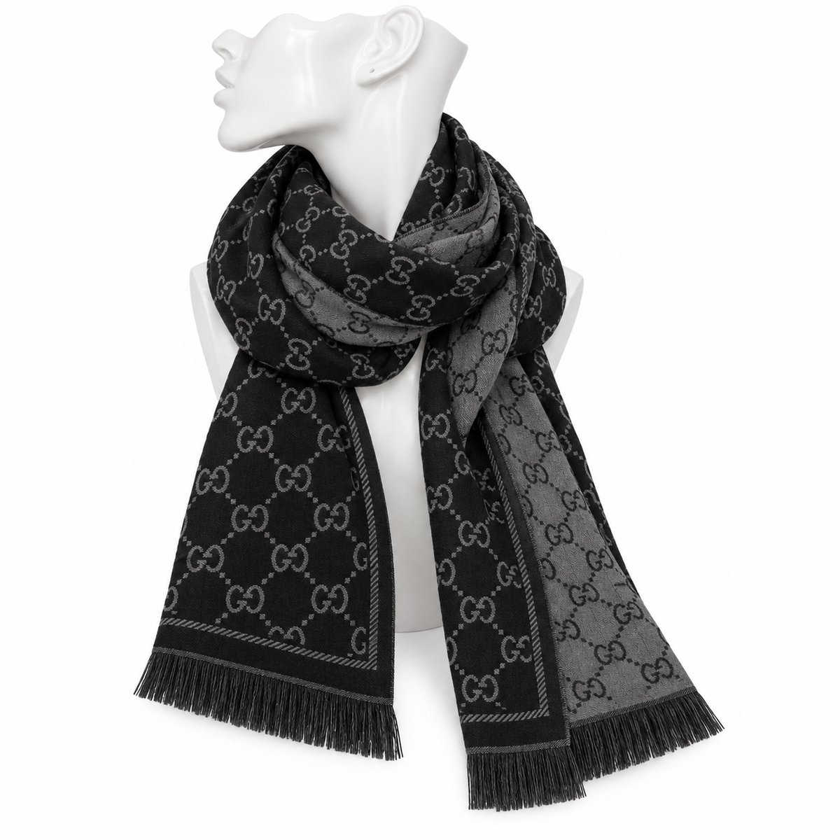 Gucci GG Jacquard Fringe Scarf – Black / Grey