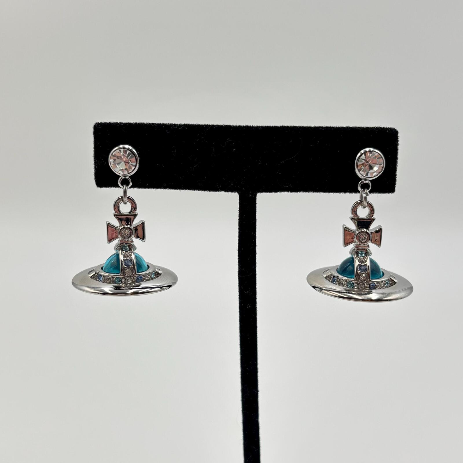 Vivienne Westwood Tiny Orb Drop Earrings Silver Tone Blue Crystal