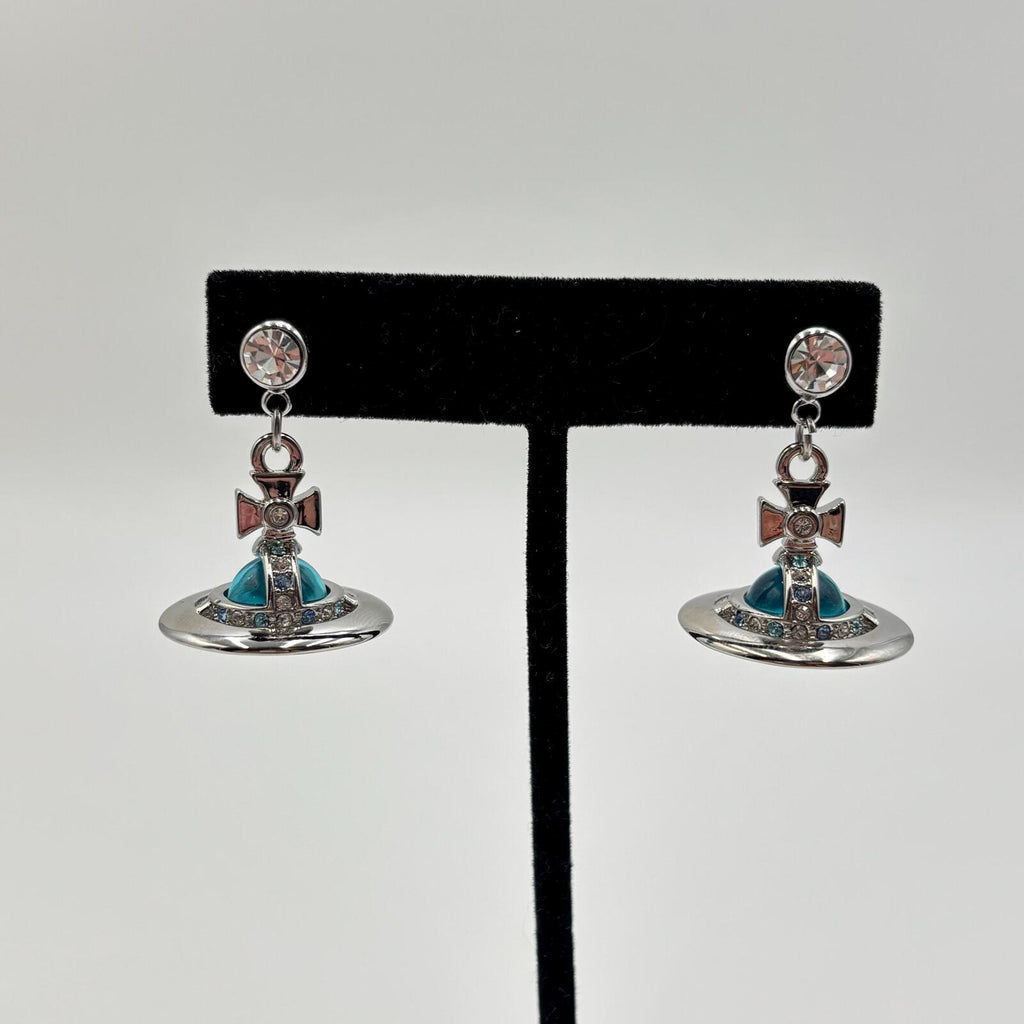 Vivienne Westwood Tiny Orb Drop Earrings Silver Tone Blue Crystal