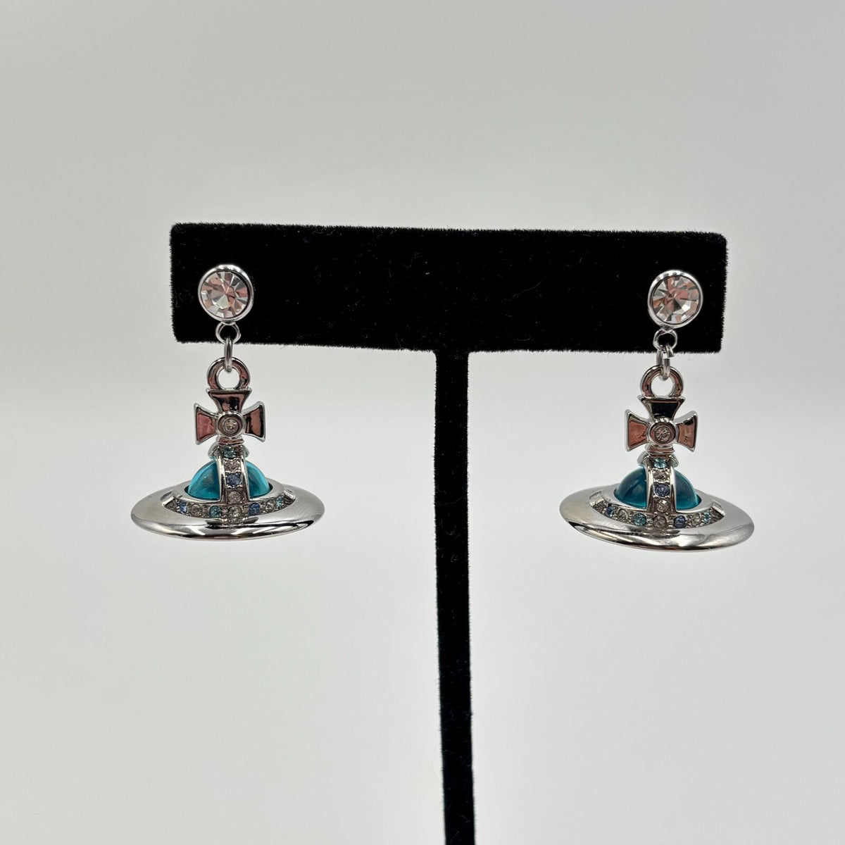 Vivienne Westwood Tiny Orb Drop Earrings Silver Tone Blue Crystal