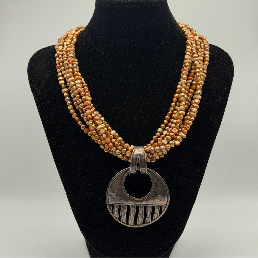 Vintage Multi-Strand Freshwater Pearl Necklace With Sterling Silver Pendant