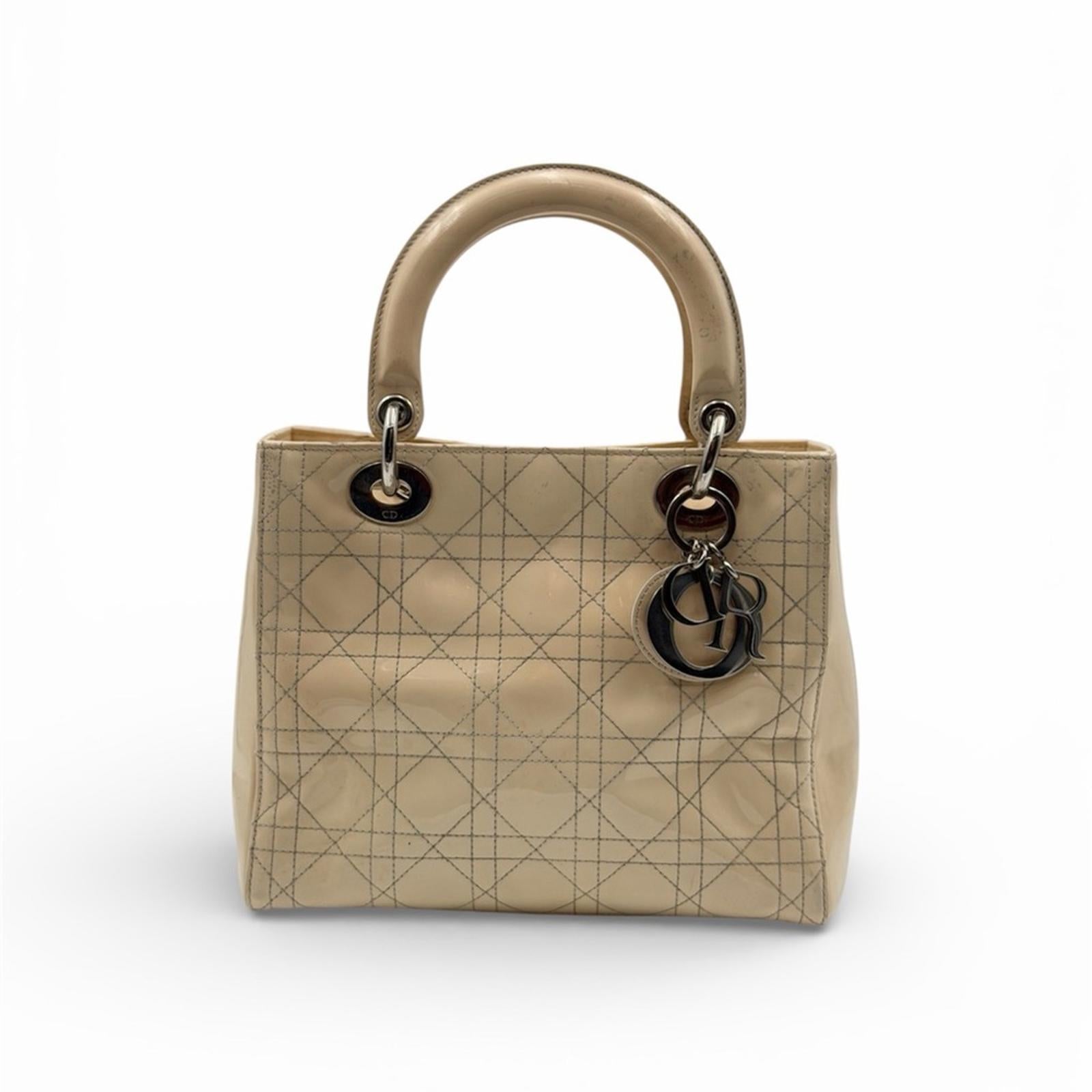 CHRISTIAN DIOR LADY DIOR PATENT LEATHER BAG BEIGE / NUDE SILVER HARDWARE
