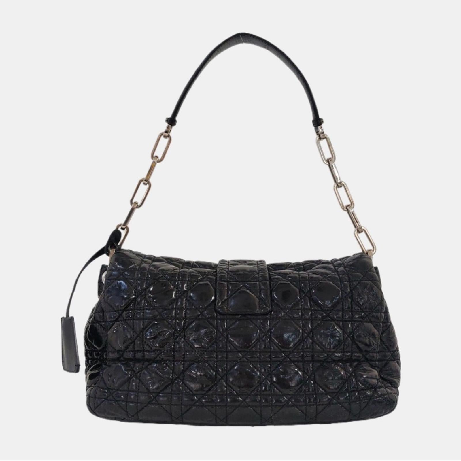 Christian Dior Black Patent Leather Quilted Shoulder Bag