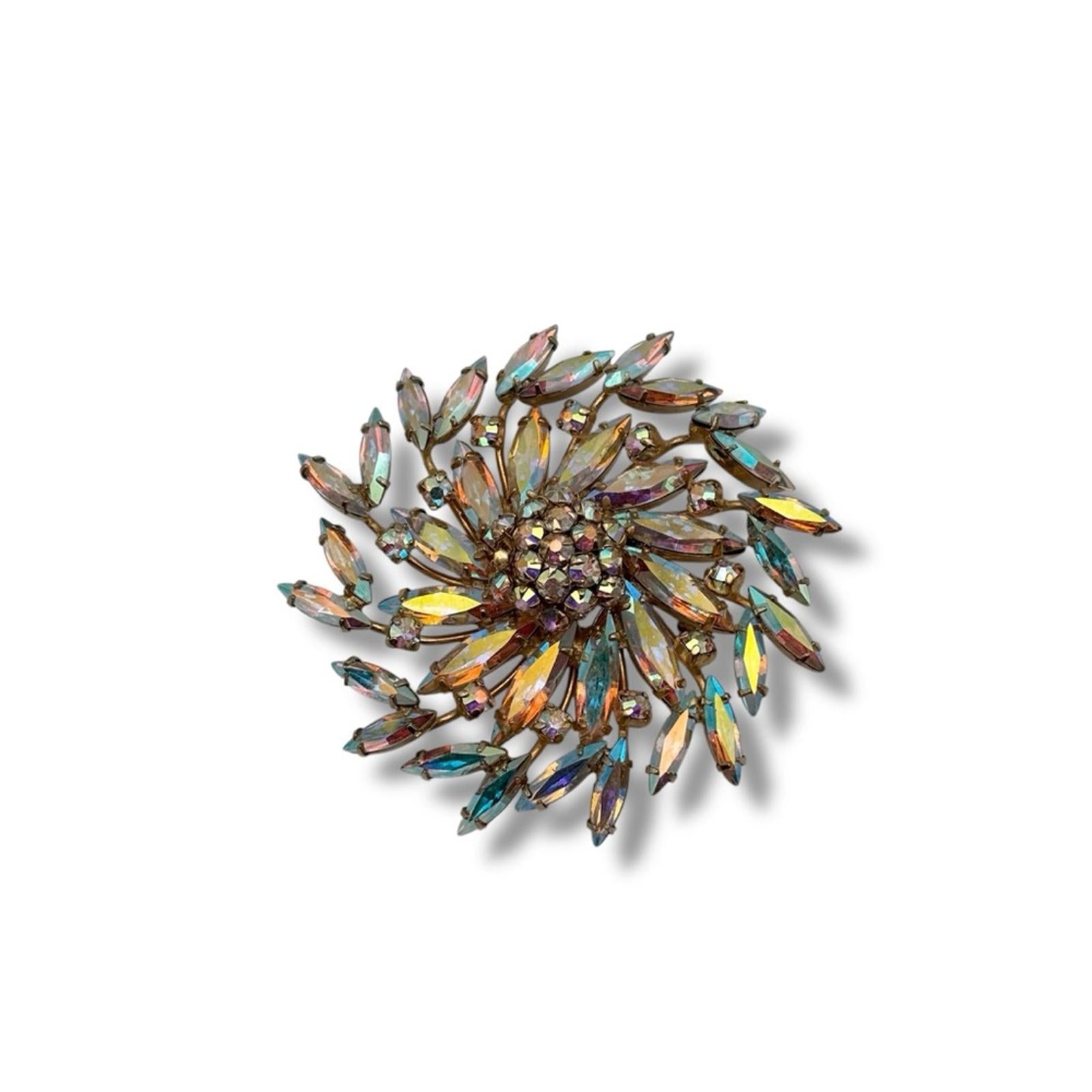 Sherman Aurora Borealis Rhinestone Floral Brooch – Gold Tone