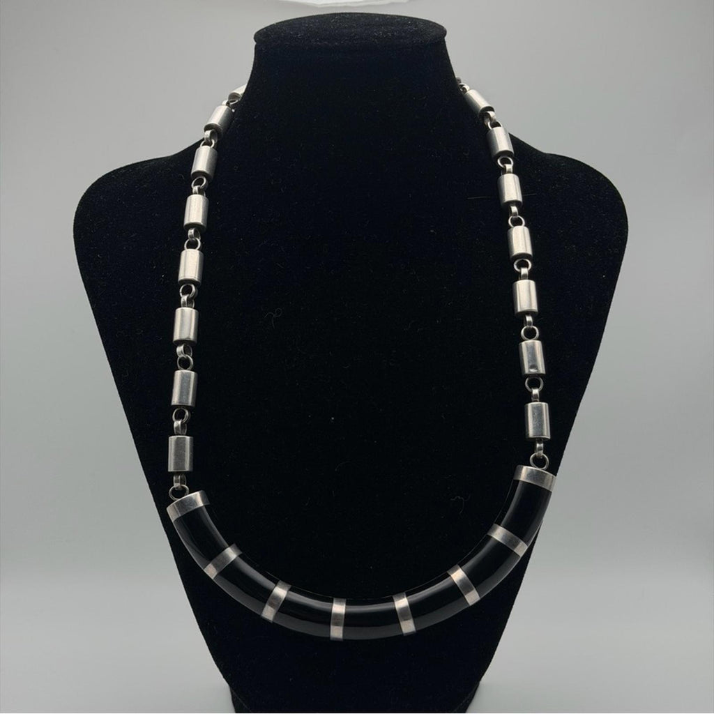 Vintage Heavy Sterling Silver Necklace With Onyx & Nacré (Mother Of Pearl)