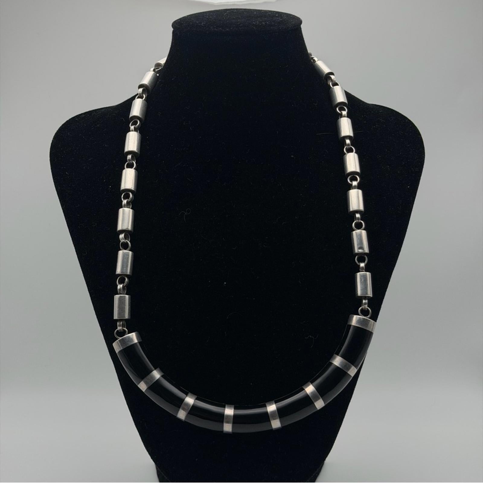 Vintage Heavy Sterling Silver Necklace With Onyx & Nacré (Mother Of Pearl)