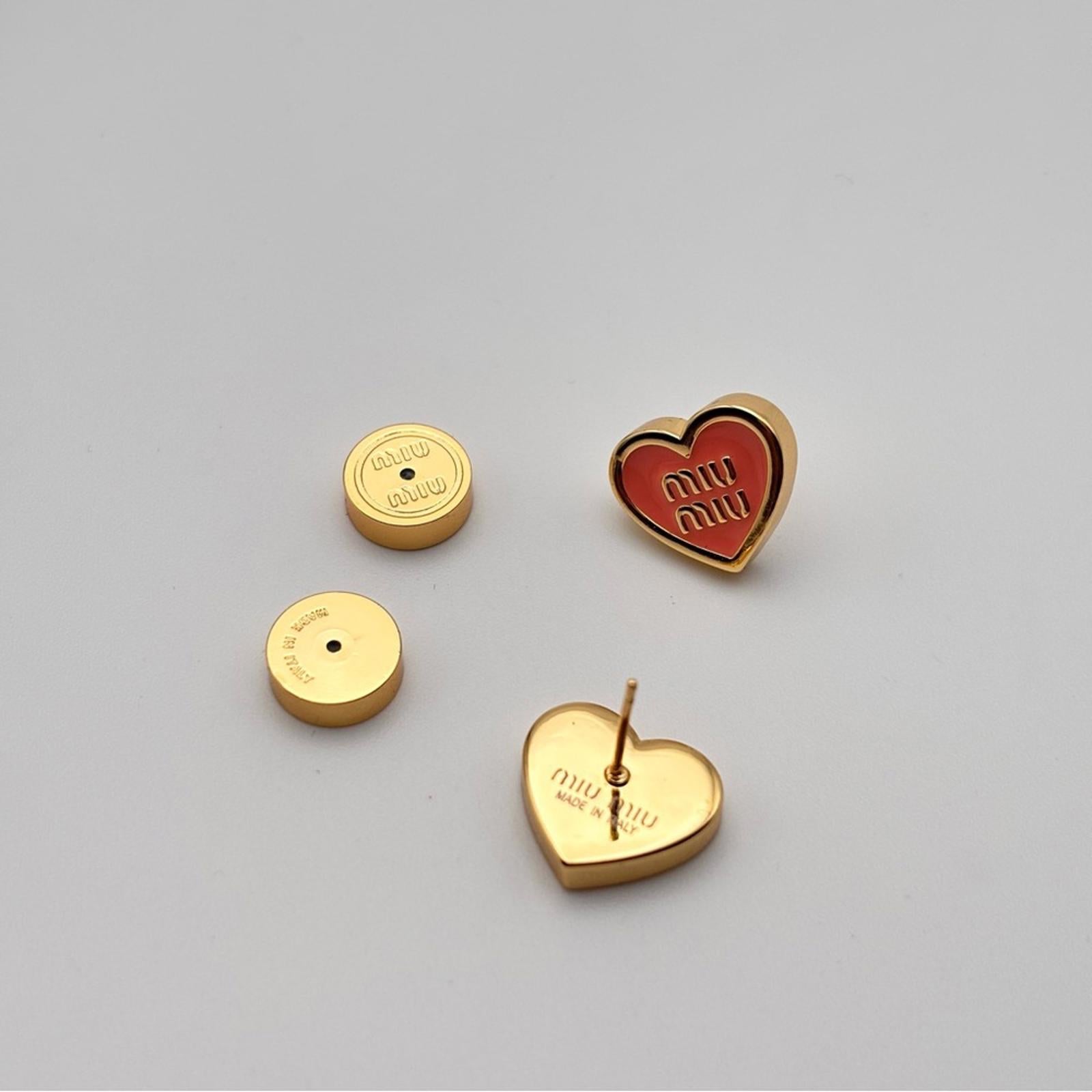 Miu Miu Pink Heart Logo Enamel Gold-Tone Stud Earrings