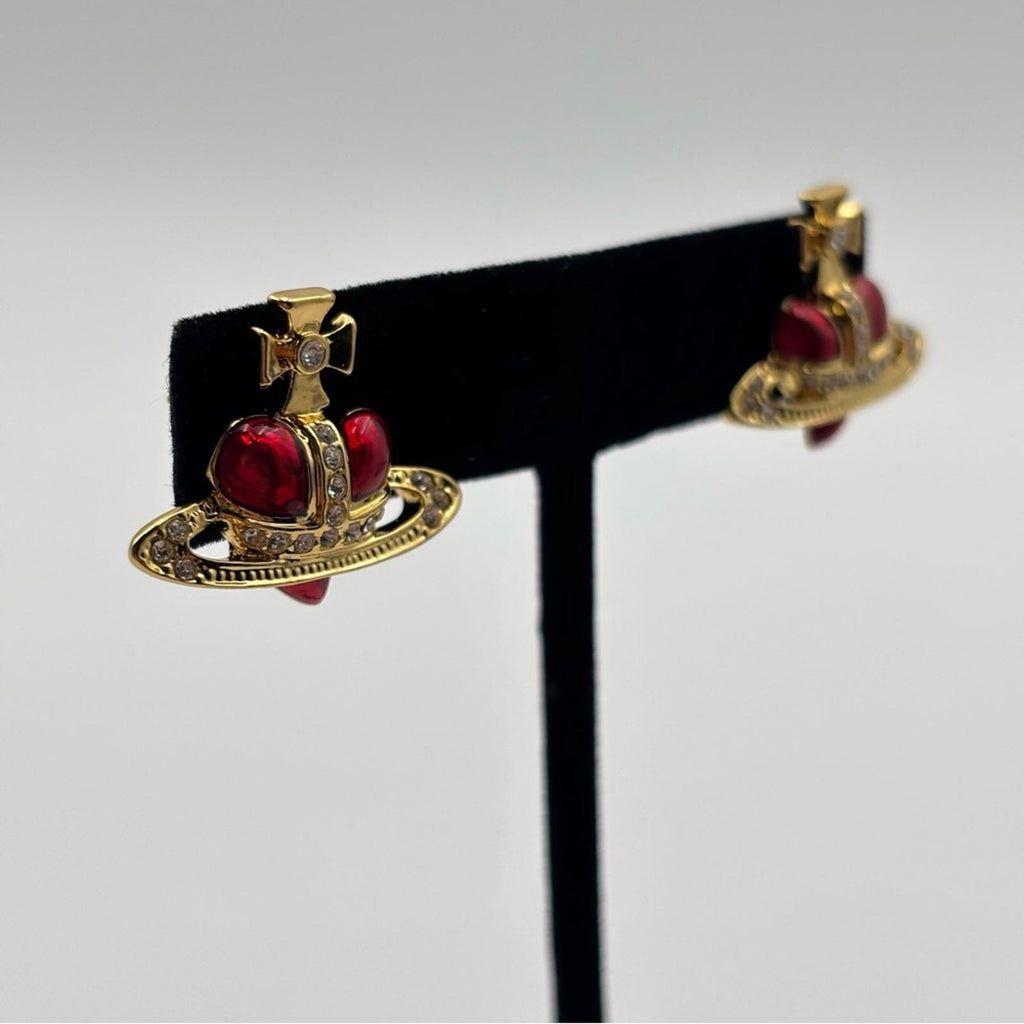 Vivienne Westwood Rare Orb Crown Red Crystal Gold-Tone Stud Earringss