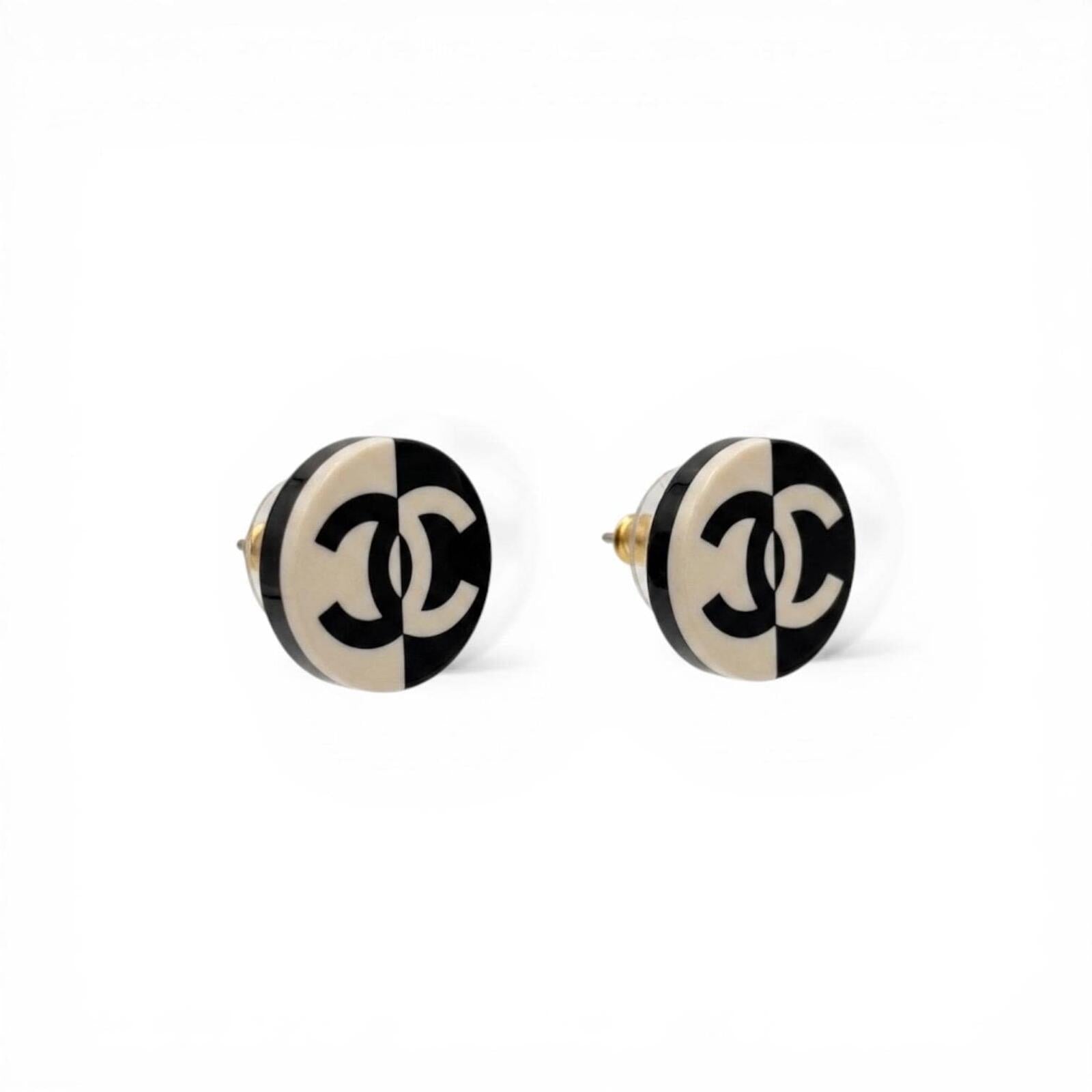 Chanel Black & White CC Logo Stud Earrings With Box Circa 2002