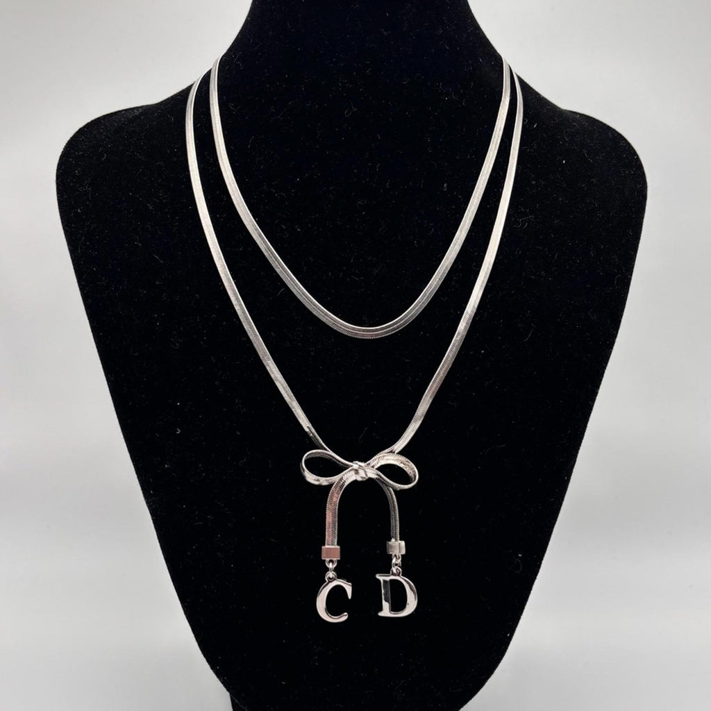 Christian Dior CD Bow Charm Necklace Silver Tone Double Chain