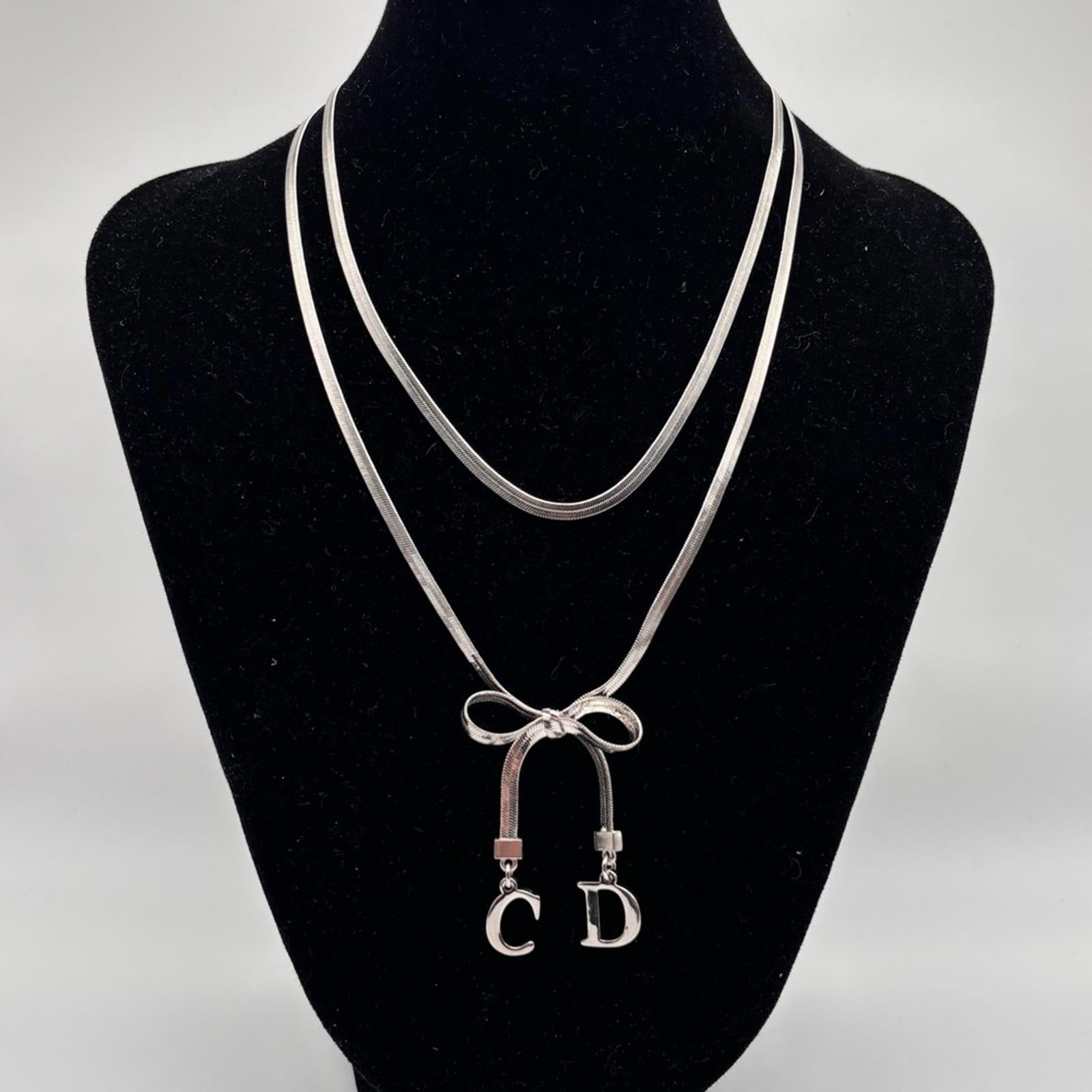 Christian Dior CD Bow Charm Necklace Silver Tone Double Chain