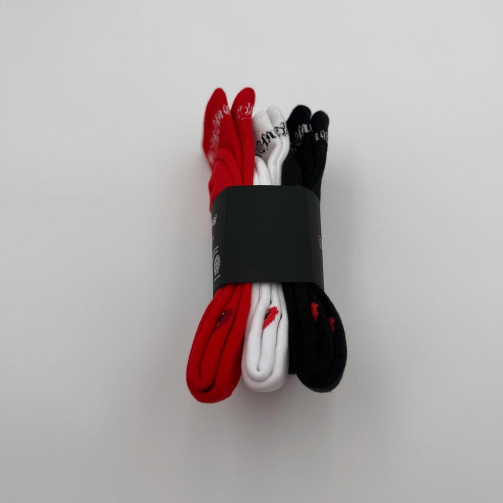 CHROME HEARTS LOGO SOCKS – 3 PACK (RED / WHITE / BLACK)