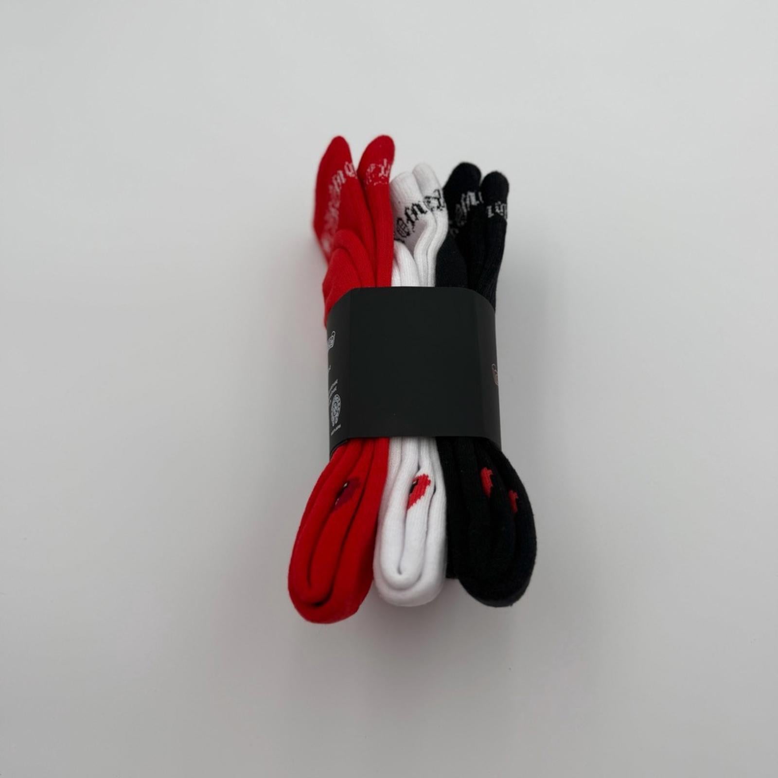 CHROME HEARTS LOGO SOCKS – 3 PACK (RED / WHITE / BLACK)