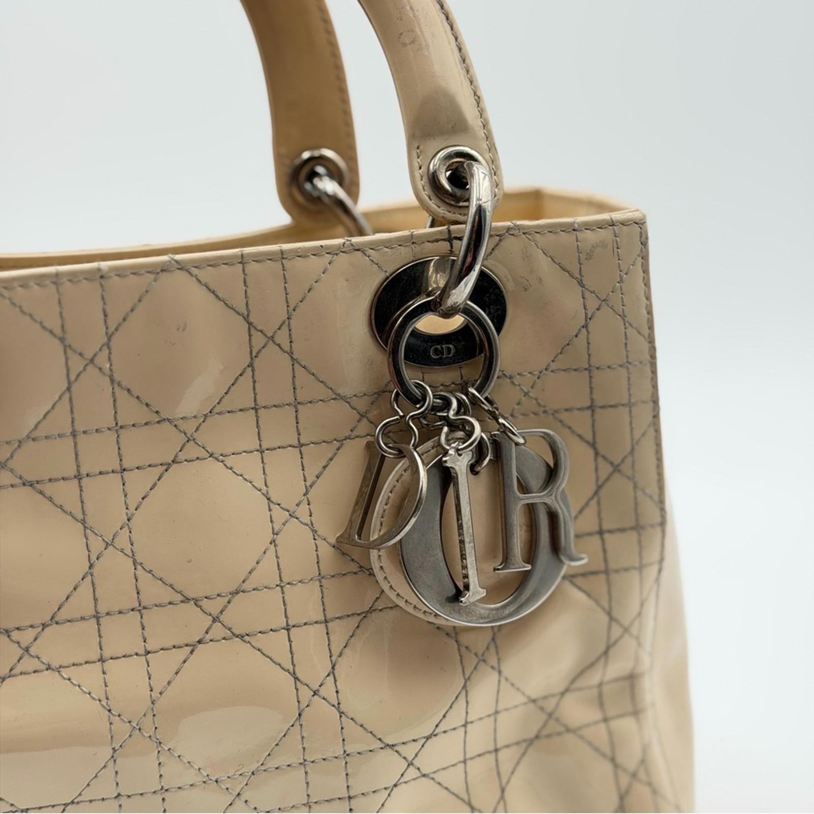CHRISTIAN DIOR LADY DIOR PATENT LEATHER BAG BEIGE / NUDE SILVER HARDWARE