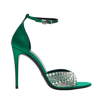 GUCCI CRYSTAL EMBELLISHED SATIN EMERALD 100 HEELS