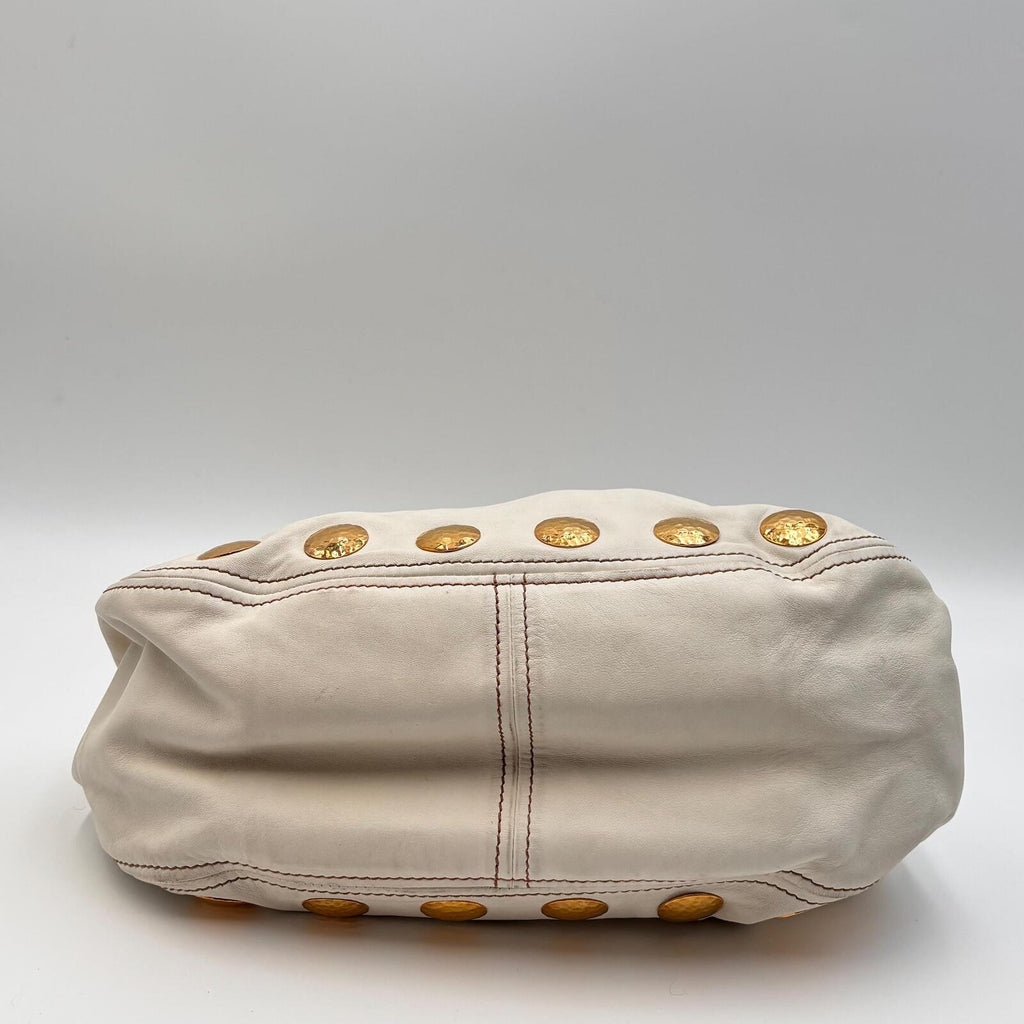 Miu Miu White Leather Studded Tote Bag With Strap