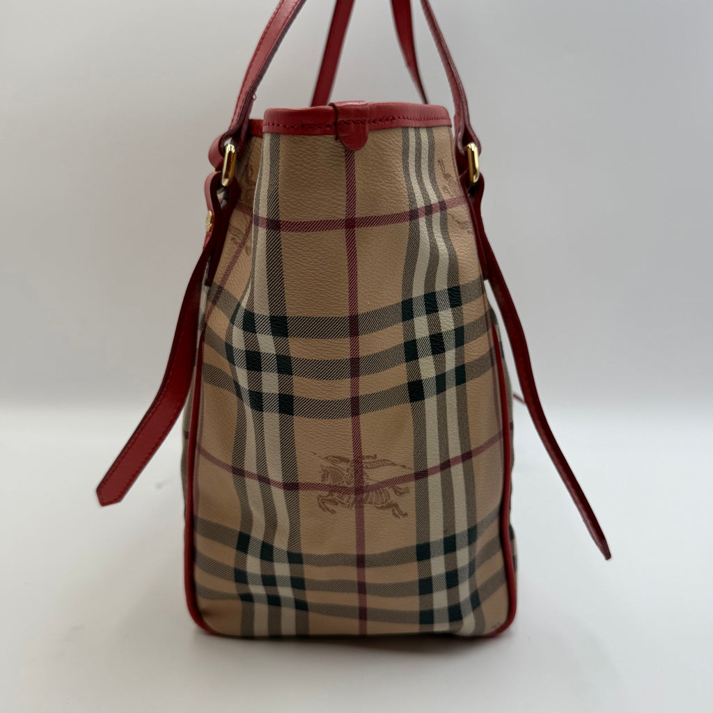 Burberry Haymarket Check Large Shopper Tote with Red Leather Trim