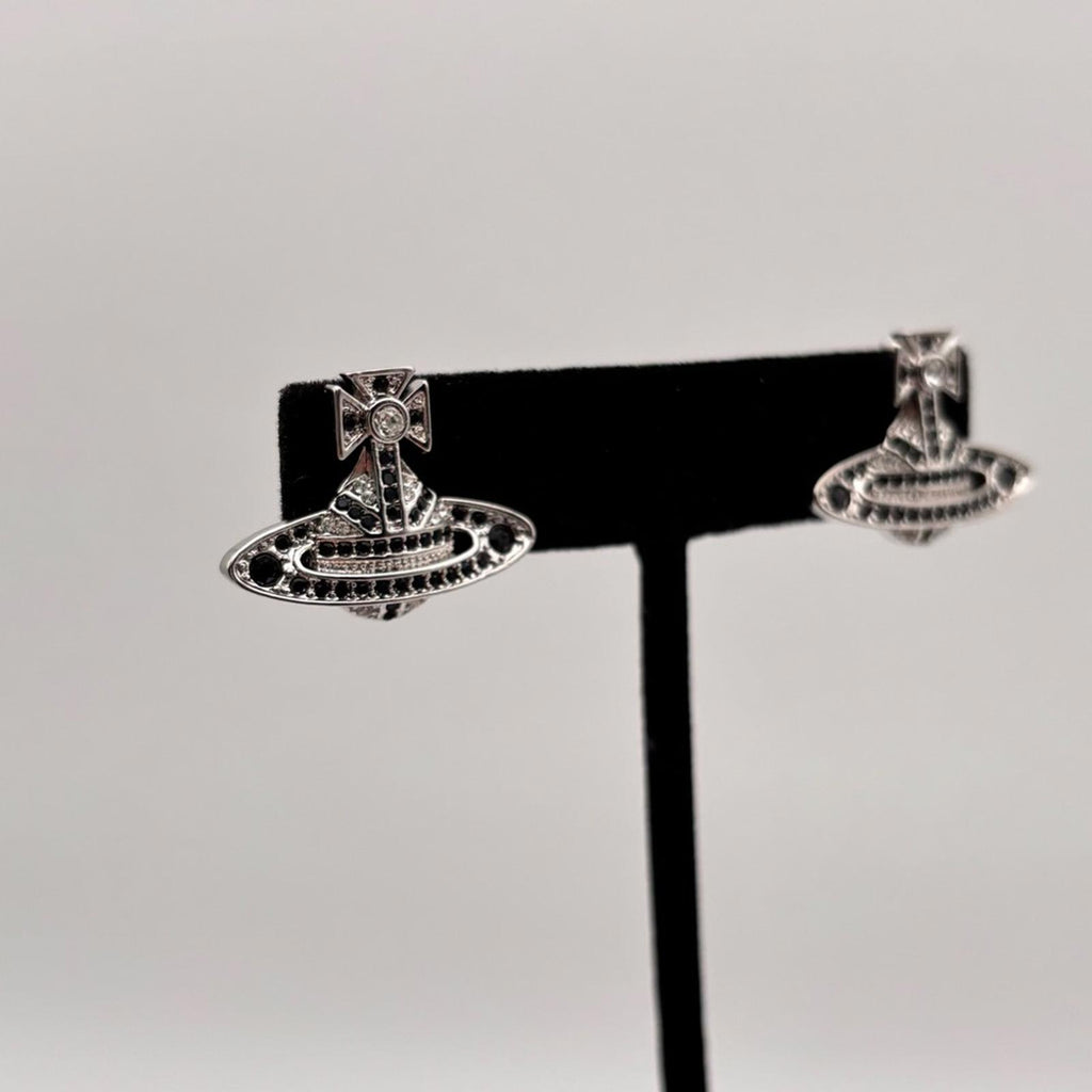 Vivienne Westwood Orb Earrings Clear & Black Crystal Silver Tone