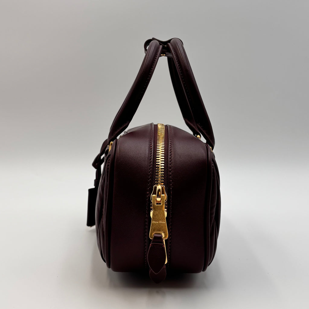 Miu Miu Arcadie Burgundy Matelassé Leather Top Handle Boston Bag With Strap