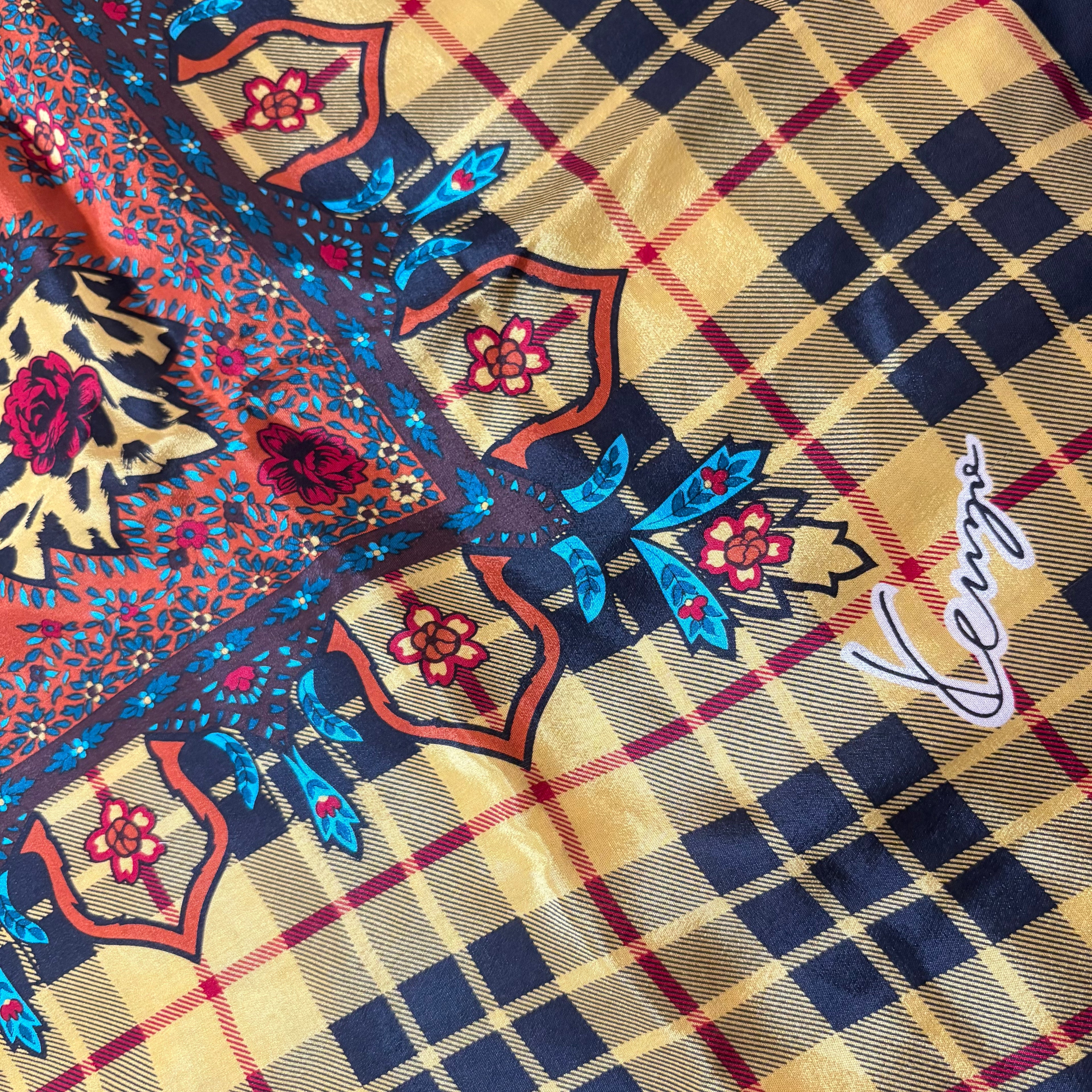 Kenzo Vintage Leopard & Plaid Square Scarf