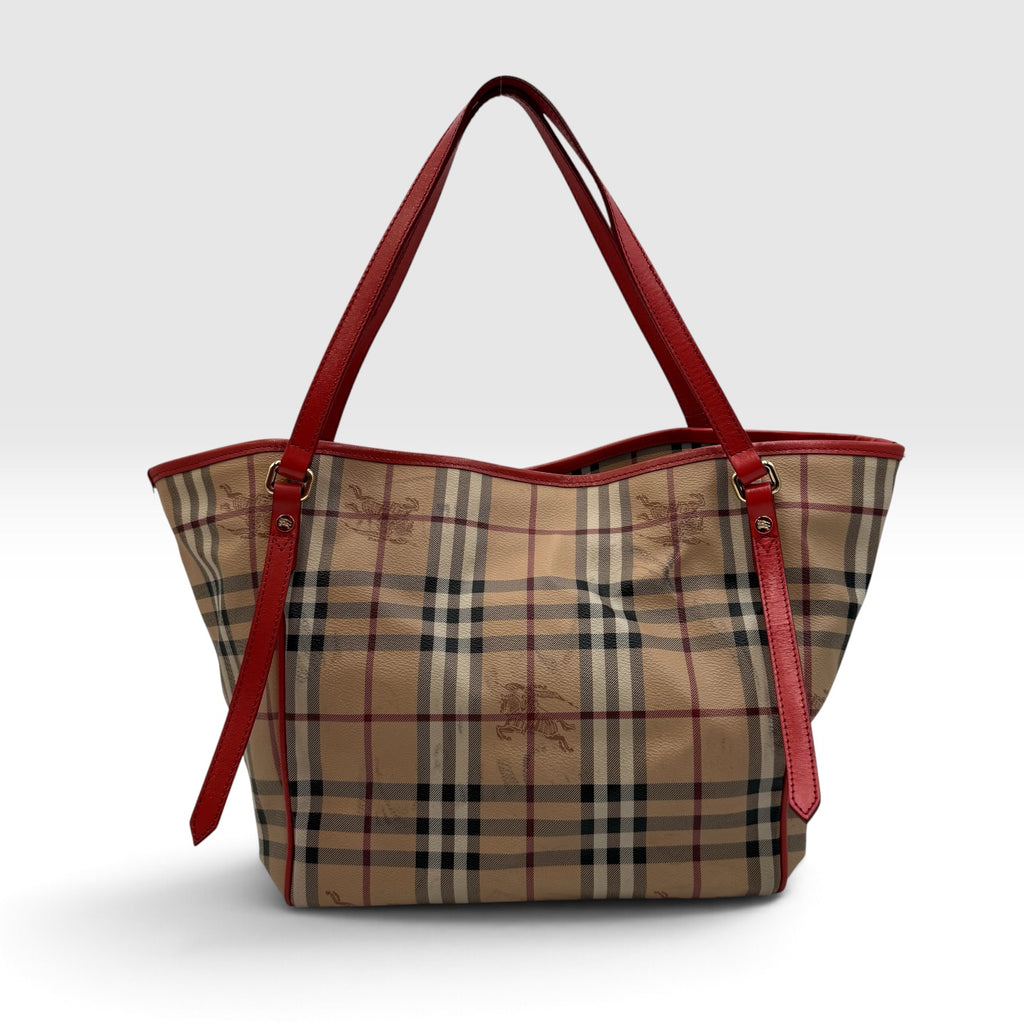 Burberry Haymarket Check Large Shopper Tote with Red Leather Trim