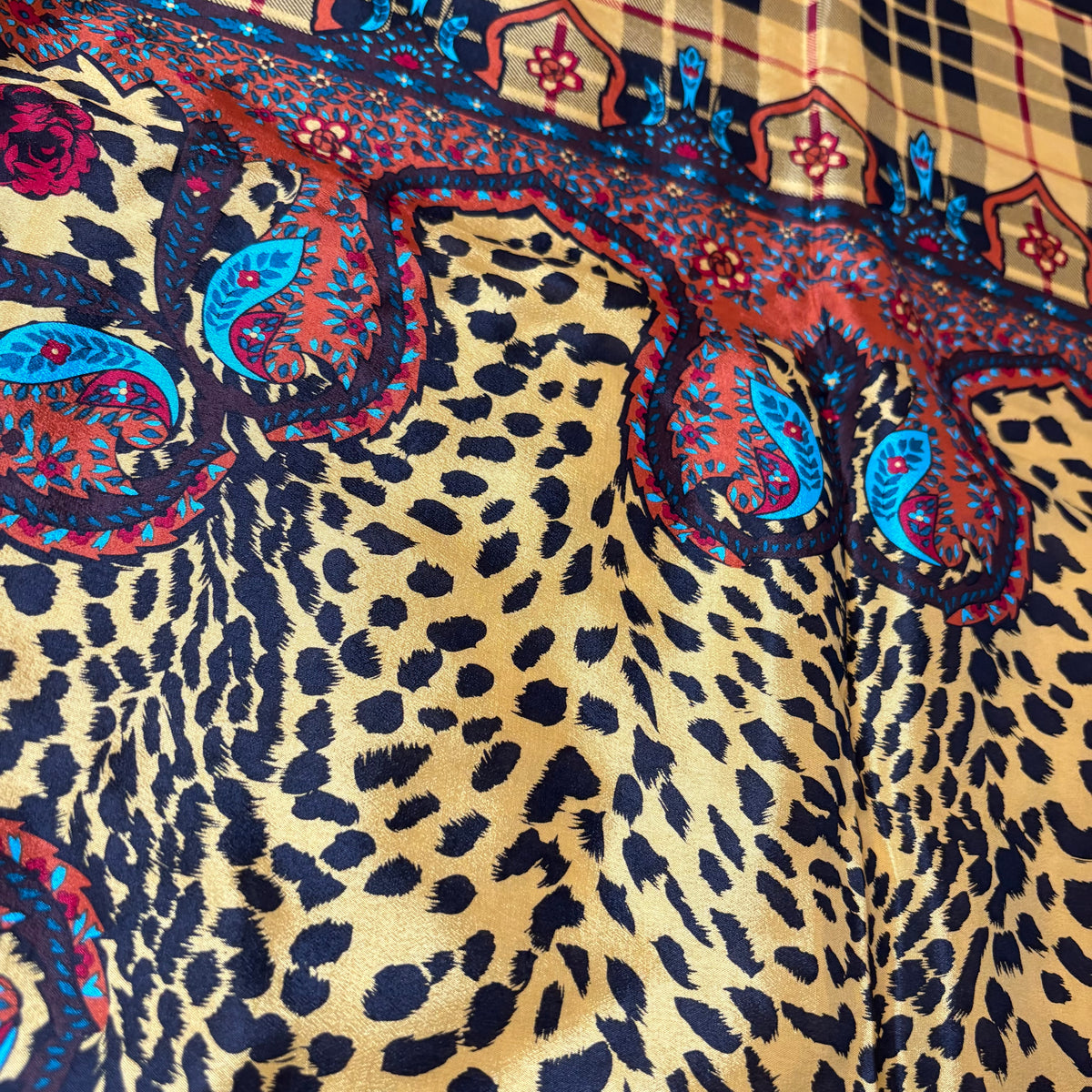 Kenzo Vintage Leopard & Plaid Square Scarf